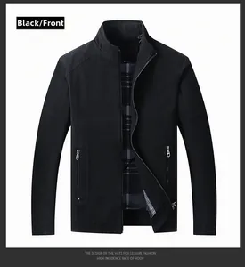 Detail view of black casual stand collar jacket with zipper pockets and plaid lining