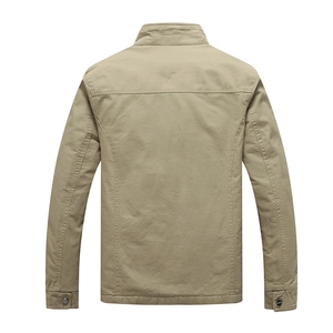 Men's khaki stand collar jacket with tailored back and adjustable cuffs, casual style
