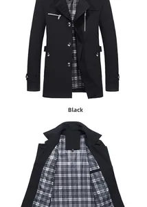 Detailed view of men's black jacket with classic grey plaid lining and metal button accents
