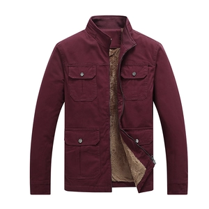 Men's winter fleece jacket in dark burgundy with windproof stand collar and cargo pockets