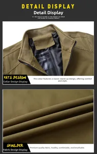 Detail of khaki jacket with stand-up collar and classic grey check pattern lining