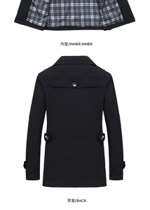Close-up of black trench coat with classic shoulder straps and plaid inner lining detail