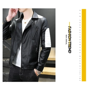 Detail of slim-fit faux leather biker jacket with white contrast stripes on shoulders
