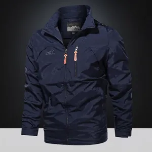 Men's dark blue windproof outdoor jacket with mountain embroidery and orange zipper details