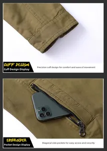 Detail view of cotton jacket showing elastic cuff and deep zipper pocket with phone