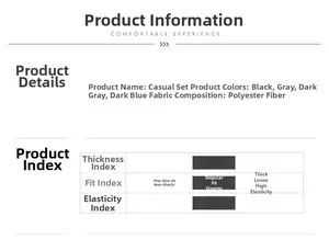 Detailed size and material chart for men's casual tracksuit showing fabric specs