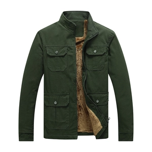 Men's dark green military canvas jacket with thick fleece lining and four pockets