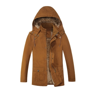 Men's winter hooded parka jacket in brown with warm sherpa lining and multi-pockets
