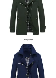 Detail view showing army green and navy jackets with plaid lining and metal zipper