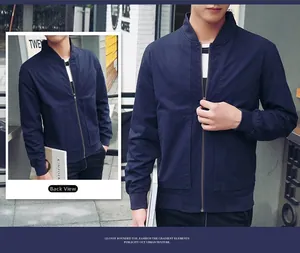 Detail view of the back and ribbed cuffs on this navy blue cotton baseball jacket