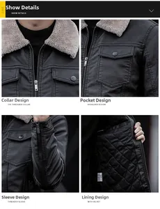 Detail view of leather jacket featuring fleece collar, zipper cuffs, and quilted lining