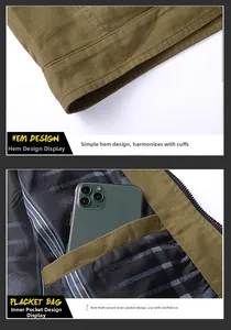 Detail of army green jacket showing the ribbed hem and secure inner zipper pocket