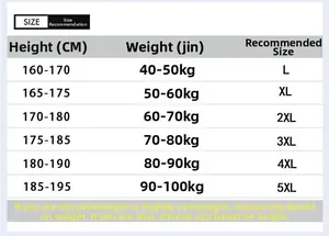 Size chart table for men's sportswear including height, weight and size recommendations