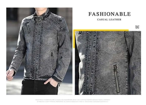 Detail view of washed grey biker jacket with stand collar and metallic zippers