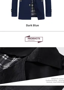Detail of navy casual jacket showing plaid lining, fine stitching, and twill fabric texture