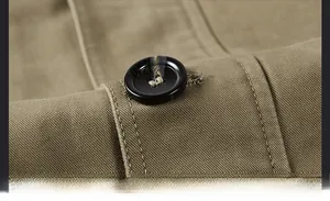 Detailed close-up of premium military green canvas fabric with a black four-hole button
