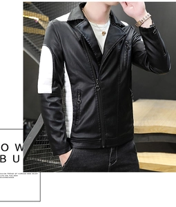 Detail of slim fit motor jacket showing black and white PU leather texture and zippers