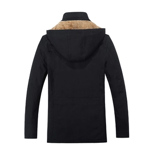 Men's winter hooded parka jacket in black with warm brown faux shearling lining back view
