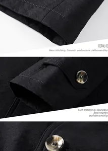 Detailed view of black jacket hem and cuffs with durable stitching and resin buttons