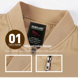 Detail view of khaki cotton jacket showing ribbed knit collar and metal zipper closure