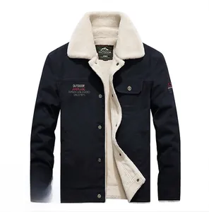 Detailed close-up of heavy navy workwear jacket featuring warm white faux lamb wool lining