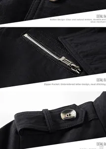 Detail view of resin buttons, zipper pockets, and shoulder tabs on a black jacket