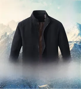 Macro detail of men's fleece-lined thermal jacket with metal zipper and stand collar