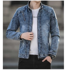 Detail of vintage washed denim jacket for men featuring a stand collar and metal zippers