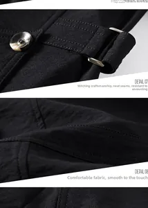 Macro detail of high-quality stitching, resin buttons and metal buckles on black jacket