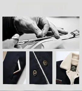 Detail view of winter workwear jacket featuring fleece collar, metal buttons, and deep pockets