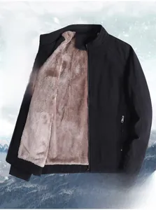 Detail view of winter casual jacket featuring thick brown fleece lining and stand collar