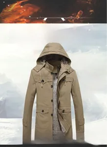 Detail of khaki men's hooded jacket featuring thick gray fleece lining and chest pocket