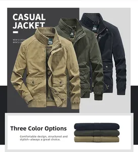 Detail view of cotton workwear jacket showing khaki, military green and navy color options