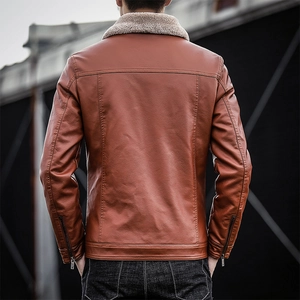 Men's brown motorcycle leather jacket with thick sheepskin fleece collar and back profile