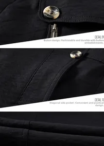 Detailed view of amber button, metal zipper and side pocket on black casual jacket