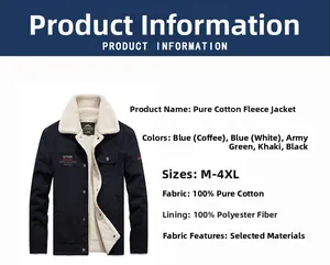 Detail view of men's fleece-lined cotton jacket showing blue collar and metal buttons