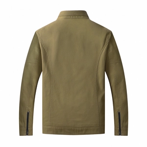 Men's olive green stand collar casual cotton jacket shown from a symmetric back view