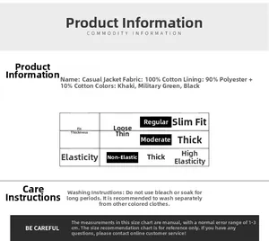 Detailed fabric composition and size chart showing 100% cotton casual jacket materials