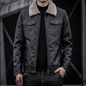 Men's black faux leather motorcycle jacket with gray fleece collar and zipper detail