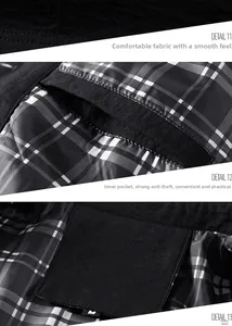Detail of men's jacket with classic plaid lining, inner anti-theft pocket and fabric texture