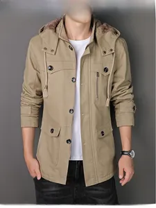Detail of khaki fleece-lined hooded windbreaker jacket with multiple utility pockets