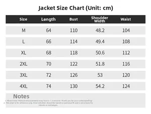 Detailed size chart for men's casual stand collar jacket featuring measurements from M to 4XL