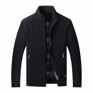 Men's casual black stand collar cotton jacket with plaid lining and ribbed cuffs