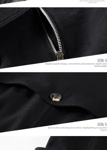 Detail view of men's black jacket featuring metal zipper pocket and textured fabric