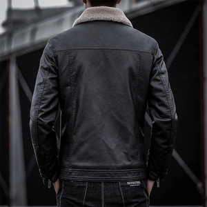Men's black moto leather jacket with gray faux fur collar and metal zipper details