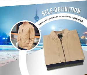 Close-up of three casual cotton bomber jackets in khaki, navy, and green colors