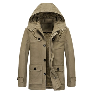 Mens Fleece Hooded Parka Jacket Cotton Twill Thickened Multi-Pocket Windproof Mid-Length Winter Casual Workwear Coat