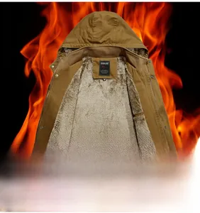 Detail of khaki men's hooded jacket with thick fleece lining and metallic zipper