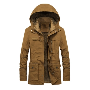 Men's khaki hooded jacket with warm fleece lining and multiple utility pockets