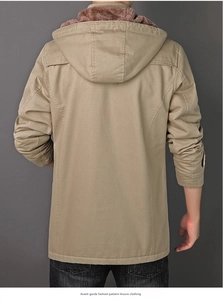 Back view of men's khaki hooded jacket showing warm brown faux lamb wool lining and fabric detail